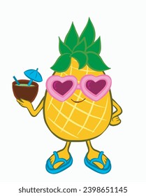 Pineapple mascot holding a tropical drink. It wears pink heart-shaped sunglasses and blue flip-flops. It enjoys vacation in summer. Vector illustration isolated on white background.