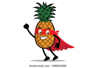 Pineapple Mascot as a superhero wearing a cloak and costume, ready to take flight