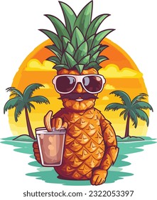 Ananas-Maskottchen mit Sonnenblase am Strand und Küche