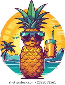 Pineapple mascot wearing sunglass in beach and drink