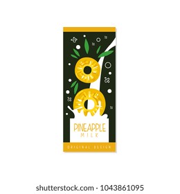 Pineapple milk logo original design, label for natural healthy dairy product with fresh fruit vector Illustration