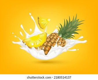 Pineapple milk yogurt splashing isolated on yellow background. Health concept. Realistic 3d vector illustration. Can used for product design advertising beverage and food products.