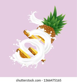 pineapple and milky juice with splashes. vector illustration