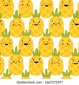 Pineapple Modern creative seamless pattern. Funny tropical characters with happy faces. Vector cartoon illustration in simple hand drawn scandinavian style. Ideal for printing baby products.