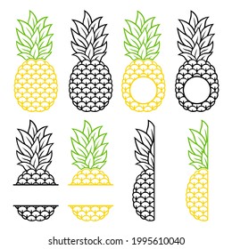 Pineapple monogram. Collection of juicy tropical fruits. Vector outline illustration. Flat style. Hand-drawn. Isolated on white background. Decorative pineapples for your design.