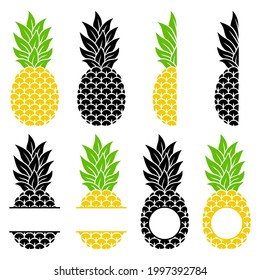Pineapple monogram. Collection of juicy tropical fruits. Vector illustration. Flat style. Hand-drawn. Isolated on white background. Decorative pineapples for your design.