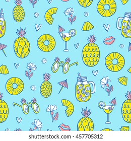 Pineapple mood seamless pattern on blue background