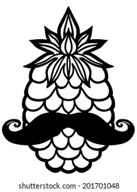 Pineapple, mustache black sketch cartoon hand drawn illustration isolated on a white background - vector