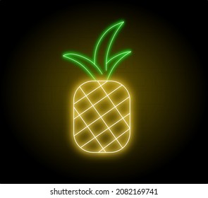 Pineapple neon sign. Vector isolated neon illustration for dark background. Fluorescent line art icon. Tropical fruit vector. 