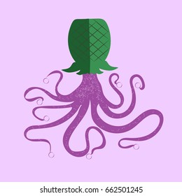 Pineapple and octopus.Abstract vector illustration.Summer poster with pineapple,octopus in pop art style.T-shirt graphic.