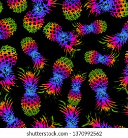 Pineapple on a black background. Sketch tropical fruit. Seamless pattern