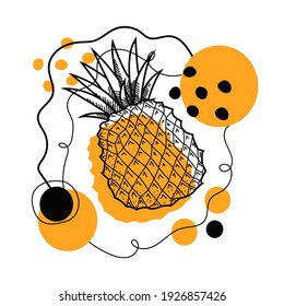 Pineapple on a colorful abstract summer background. Illustration of a pineapple made in the style of a line. Stylish fruit orange icon, background. Vector.