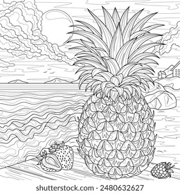 Pineapple on the seashore.Coloring book antistress for children and adults. Illustration isolated on white background. Hand draw