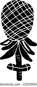 Pineapple on a stem. Stylized black fruit. Design elements drawn by hand in linocut style
