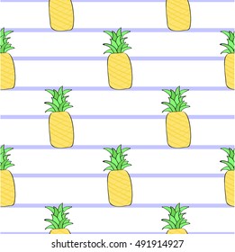 Pineapple on stripe background. Seamless pattern