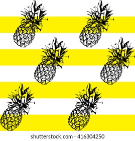 Pineapple on striped background. Cute vector pineapple pattern. Summer fruit illustration. Fashion print.