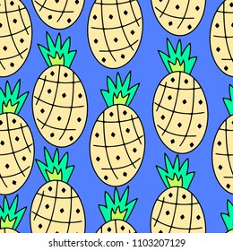 Pineapple on violet background seamless pattern for wallpapers, textiles, papers, fabrics, web pages. Food ornament, vintage style.