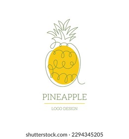 Logotipo de diseño de línea continua de piña uno con forma colorida. Concepto de fruta tropical de una sola línea de arte. Dibujar mano estilo de contorno simple. Ilustración vectorial para café, tienda, sitio web, tarjeta