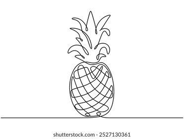 Pineapple in one continuous line drawing. Minimalist design for tropical fruit and healthy eating themes. Hand-drawn illustration for culinary art.