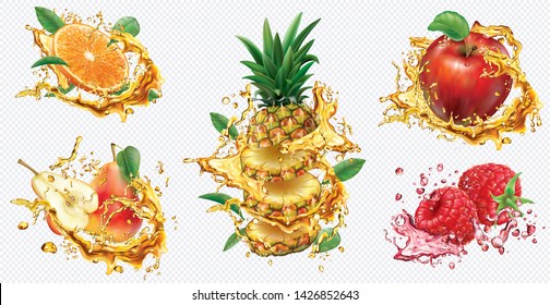 Pineapple, Orange, Apple, Pear and Raspberry in splashes of juice on transparent background. Vector mesh and curves illustration