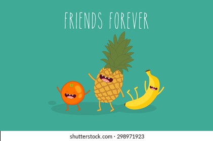 Pineapple, orange and banana friend forever. Comic characters. Funny fruits. Vector cartoon. You can use in the menu, in the shop, in the bar, the card or stickers. Easy to edit.