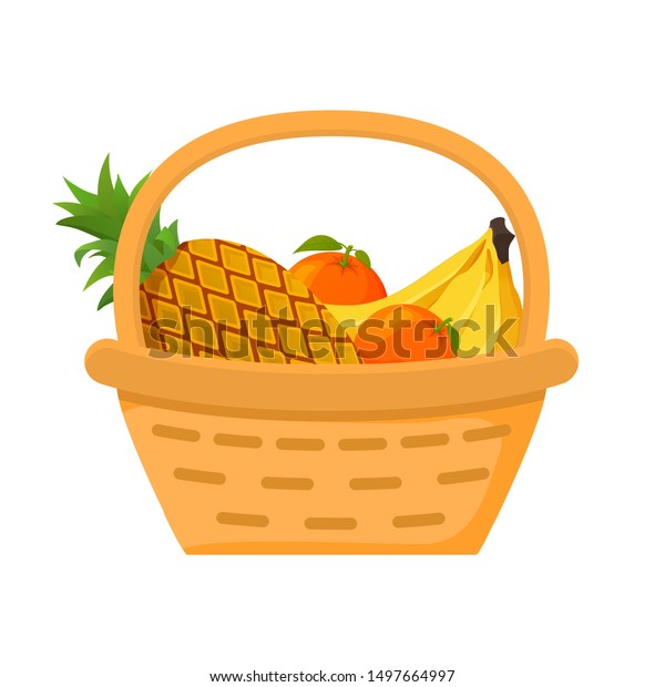 パイナップル オレンジ バナナフルーツバスケット 平らなベクターイラスト 熱帯の果物 の収穫 ピクニックのコンセプトアイコン のベクター画像素材 ロイヤリティフリー