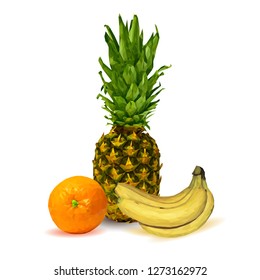 Pineapple, orange and bananas low poly. Fresh orange, nutritious bananas and tasty pineapple. Symbols of fruits. Elements for label design. Vector illustration. Fruits ingredients in triangulation tec