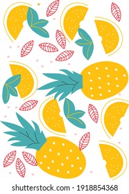 Pineapple, orange, citrus. Still life. Fruit lover concept. Funny colored typography poster, apparel print design, bar menu decoration. Isolated. EPS 10. Cartoon clip art. 