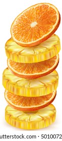 Pineapple and orange fruit round slices stacked vertically. Vector illustration