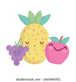 caricatura del menú de anaranjado y uva de piña comida linda ilustración vectorial