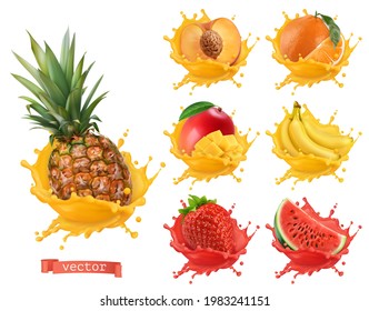 Pineapple, orange, mango, banana, peach, strawberry, watermelon juice. Fresh fruits and splashes, 3d realistic vector icon set