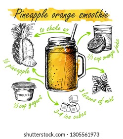 Pineapple orange smoothie. Hand drawn sketch illustration. Including recipe and ingredients for restaurant or cafe. Healthy lifestyle concept. 