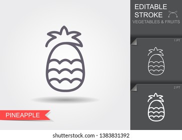 Pineapple. Outline icon with editable stroke. Linear symbol of the food with shadow