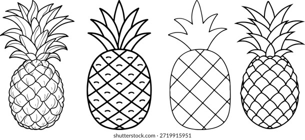 Pineapple Outline Set – Tropical Fruit Line Art Coloring Page Icons