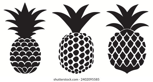 Pineapple outlines and symbols. Pineapple Fruits vector and illustration on a white background in simple, elegant black silhouettes.