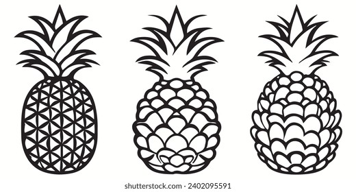 Pineapple outlines and symbols. Pineapple Fruits vector and illustration on a white background in simple, elegant black silhouettes.