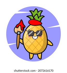 Pineapple painter cartoon character with hat and a brush to draw   cute style design for t-shirt, sticker, logo element for t-shirt, sticker, logo element