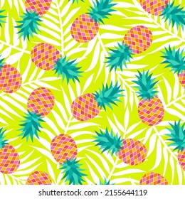 Pineapple and palm leaf seamless pattern for summer holidays background.