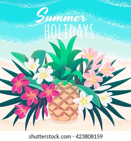 Pineapple, palm leaves, pink and white frangipani (plumeria) flowers, tropical beach, seascape template. Retro vector illustration. Place for your text. Invitation, banner, card, poster, flyer