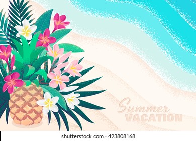Pineapple, palm leaves, pink and white frangipani (plumeria) flowers, tropical beach, seascape horizontal template. Retro vector illustration. Place for your text. Invitation, banner, card, poster