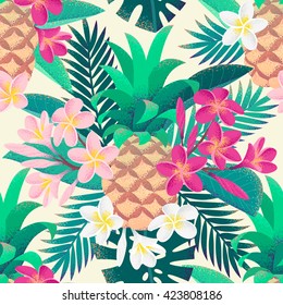 Pineapple, palm leaves, pink and white frangipani (plumeria) flowers seamless pattern. Retro vector illustration. Tropical background