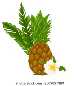 Pineapple, palm leaves, tropical flower vector composition. Hand drawn cartoon illustration. Exotic print design for menu, summer party, stickers, beauty products, food on white background