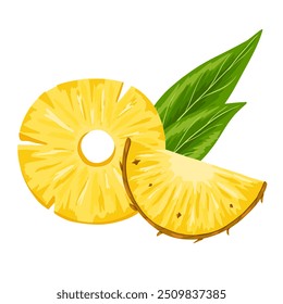 Abacaxi, folhas de palmeira composição vetorial. Círculo desenhado à mão ilustração cartoon e metade de ananas. Design de impressão tropical para menu, festa de verão, adesivos, produtos de beleza, comida sobre fundo branco