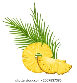 Abacaxi, folhas de palmeira composição vetorial. Ilustração desenhada à mão de desenhos animados de círculo e meias ananas. Design de impressão tropical para menu, festa de verão, adesivos, produtos de beleza, comida sobre fundo branco