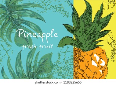 Pineapple with palm leaves. Vector drawn image.