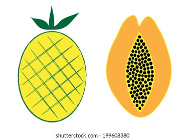 pineapple and papaya vector illustration