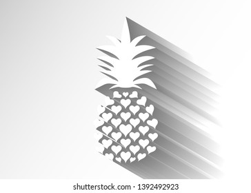 Pineapple paper with leaf logo icon, heart shape design. Tropical fruit isolated on white background. Symbol of food, sweet, exotic, summer, vitamin, healthy. Nature sign. Flat concept with 3D shadow