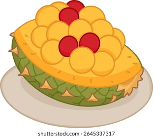 Pineapple Paradise - Summer Fruit Ice Bowl, A halved pineapple, filled with golden pineapple scoops and bright red fruit balls - Served on a plate for Food and Beverage Design use.