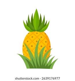Pineapple partially hidden behind tropical leaves, isolated on white background.