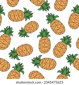 Pineapple pattern, doodle style drawing. Tropical cartoon fruit with leaves. Seamless background. Vector, graphics.